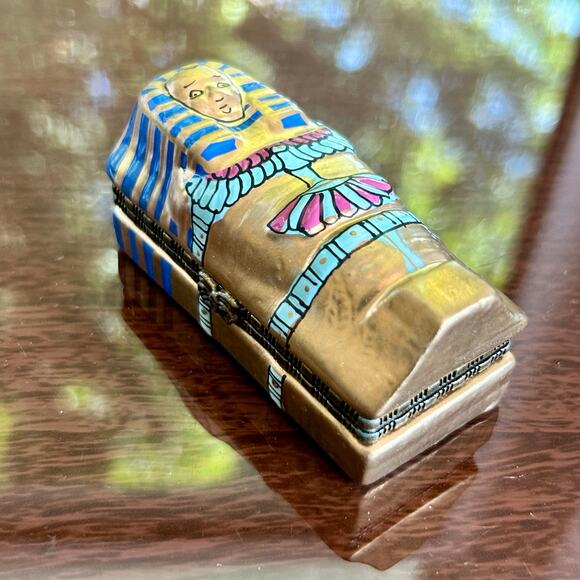 Egyptian Sarcophagus Trinket Box – Hand-Painted Hinged Porcelain Miniature - Picture 6 of 14